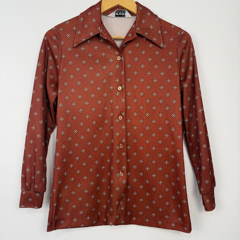 Vintage 70s Devon Button Up Shirt Womens Small Rust Orange-Brown Geometric Retro